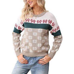 Women Christmas Sweater Long Sleeve Snowflake Bow Pullover Casual Top